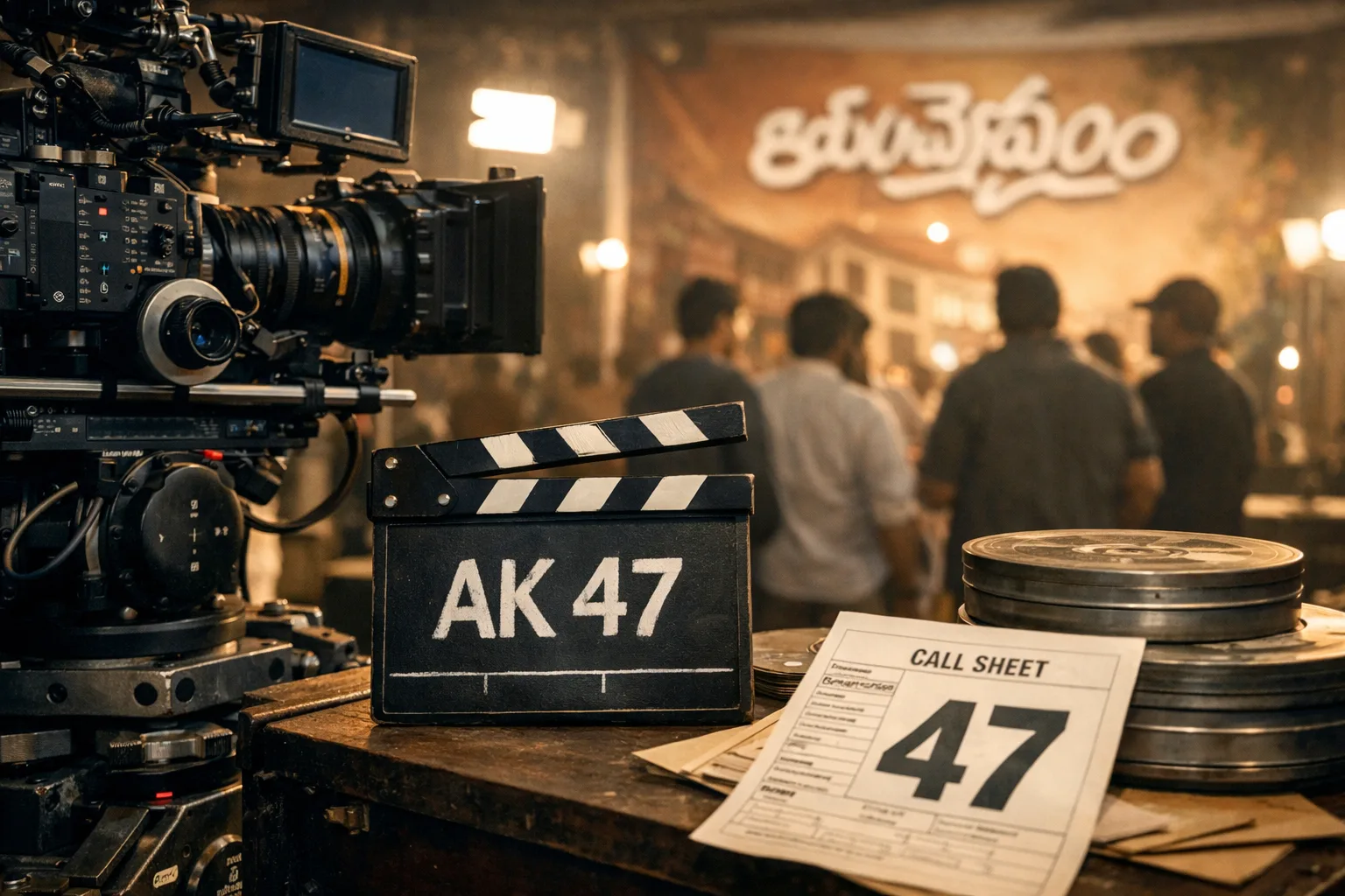 A photorealistic film-production set with a clapperboard marked “AK 47,” a cinema camera, film reels and a poster-style number 47, while crew silhouettes gather under studio lights.