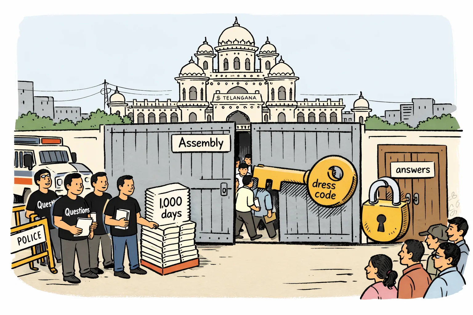 Outside the Telangana Legislative Assembly, anonymous legislators in black shirts stand behind a police barricade with papers marked “1,000 days”, while legislators in ordinary shirts pass through a partly opened gate; a large padlock marked “answers” hangs on another doorway.