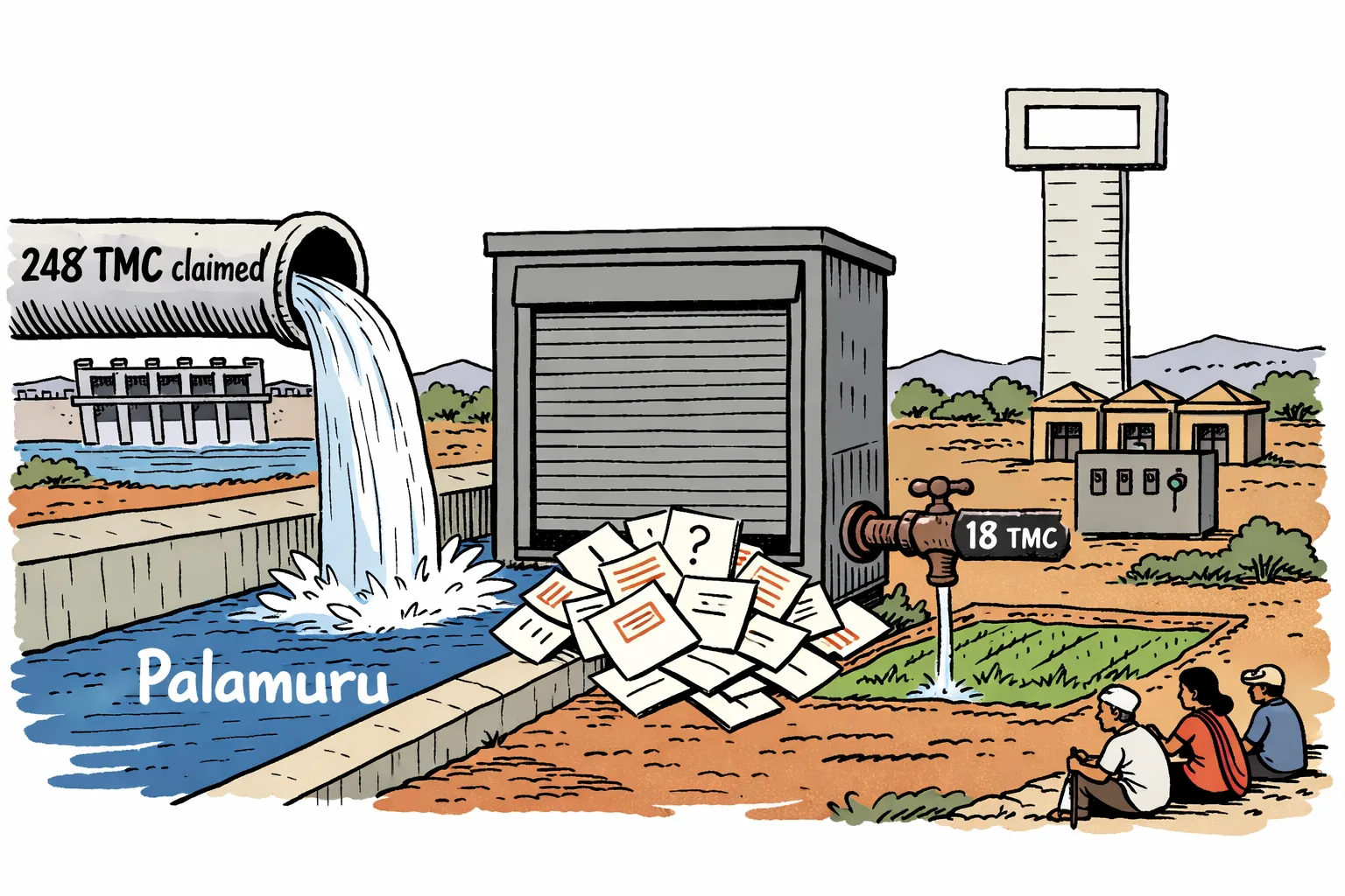 A giant pipe marked 248 TMC claimed pours toward a Palamuru canal, while a narrow tap marked 18 TMC trickles beside a closed government cabinet and idle irrigation pumps.