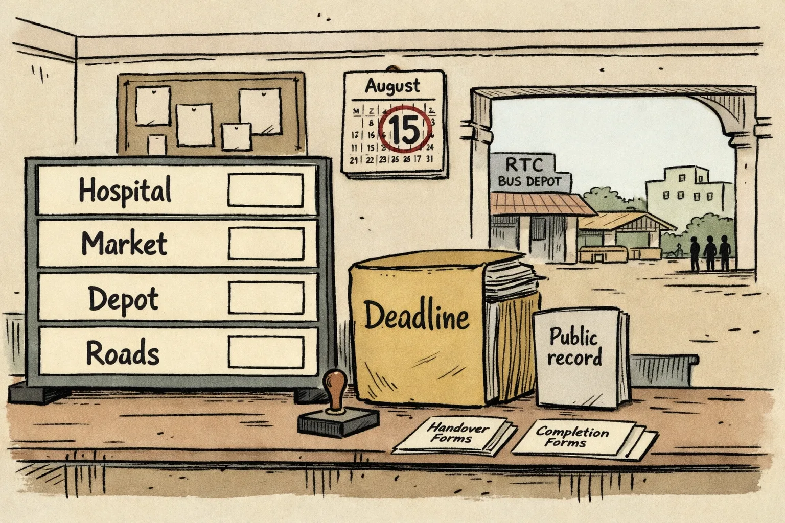 A Telangana municipal office desk holds a large calendar marked August 15, four unfinished-looking project tokens, and a thin file labelled with a public deadline; an empty scoreboard stands behind them.
