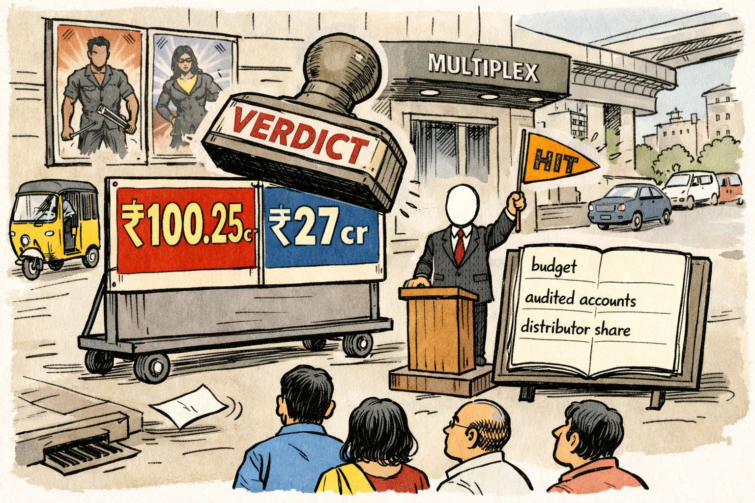 Outside a Hyderabad multiplex, a faceless announcer presents large approximate box-office figures on a scoreboard while an empty accounts ledger sits beside a discarded approximation note.