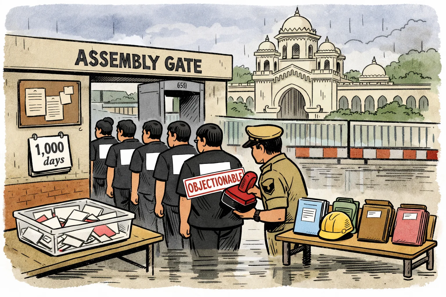 Outside the Telangana Assembly, an anonymous police official stamps blanked-out black protest shirts as objectionable while issue-related files and placards wait beside a blocked gate.