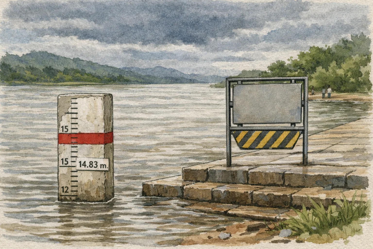 A calm Godavari river at Ramannagudem Pushkar Ghat with a flood gauge near the first-warning mark, an official alert board being turned back to standby, and dark monsoon clouds over the Telangana riverbank.