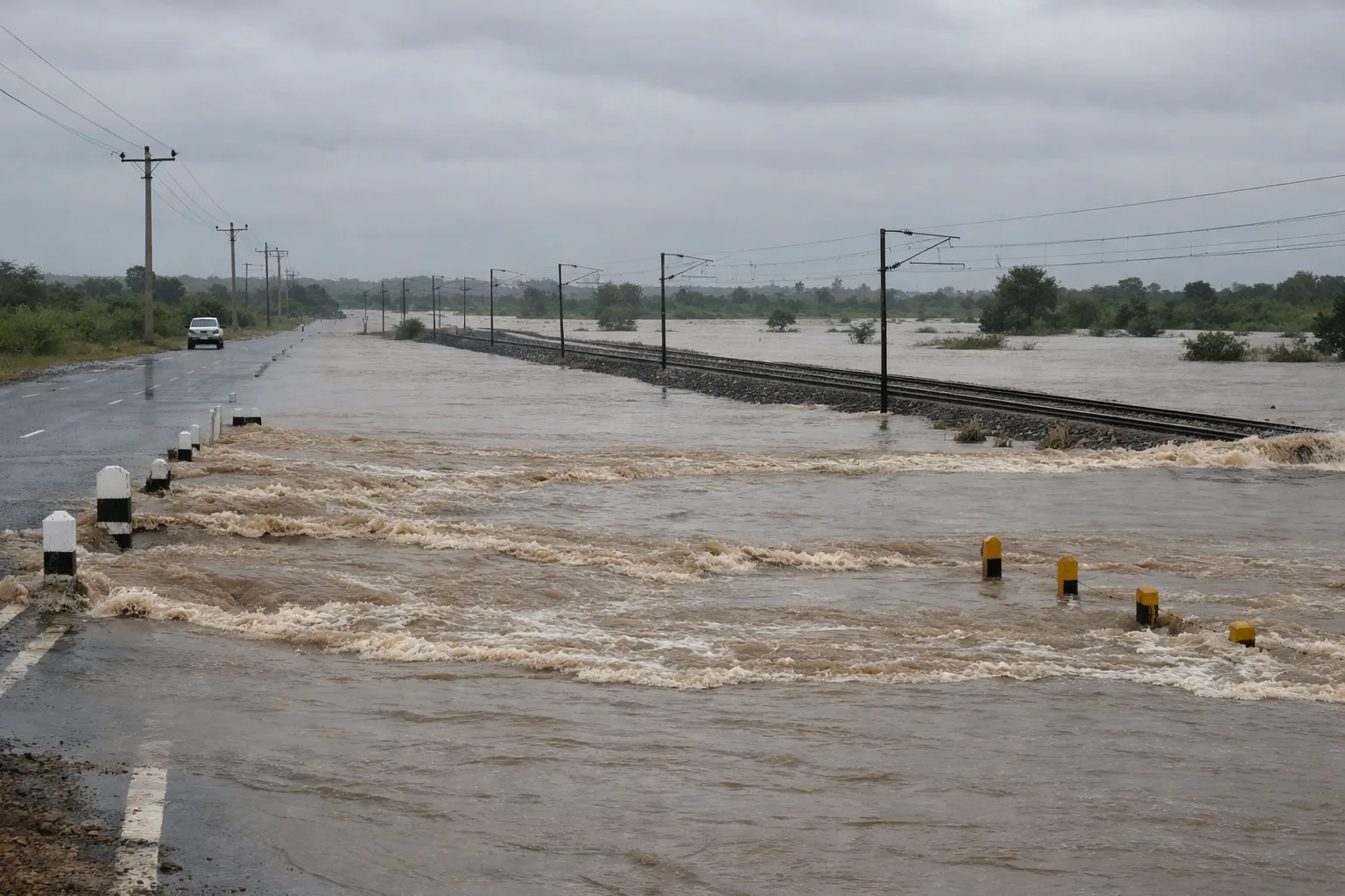 Brown floodwater crosses a Telangana highway beside a partially submerged railway track under a grey monsoon sky.