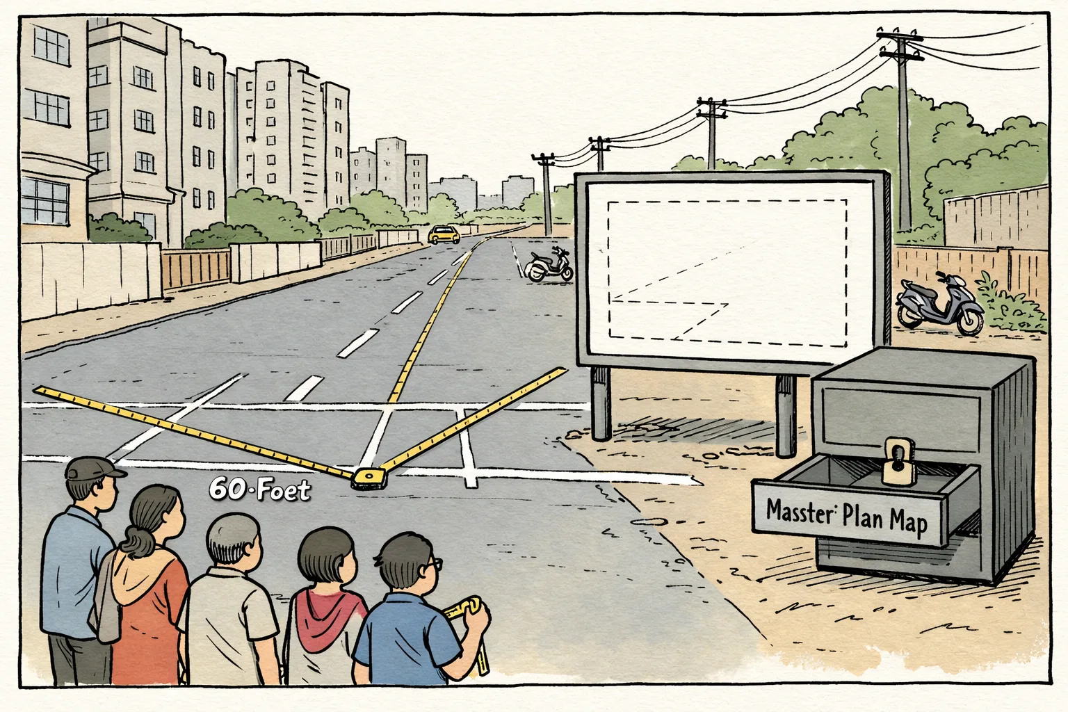 Residents stand beside a 60-foot residential road in Narsingi, facing an empty municipal map board and a locked records cabinet while measuring tape suggests a wider proposed road.