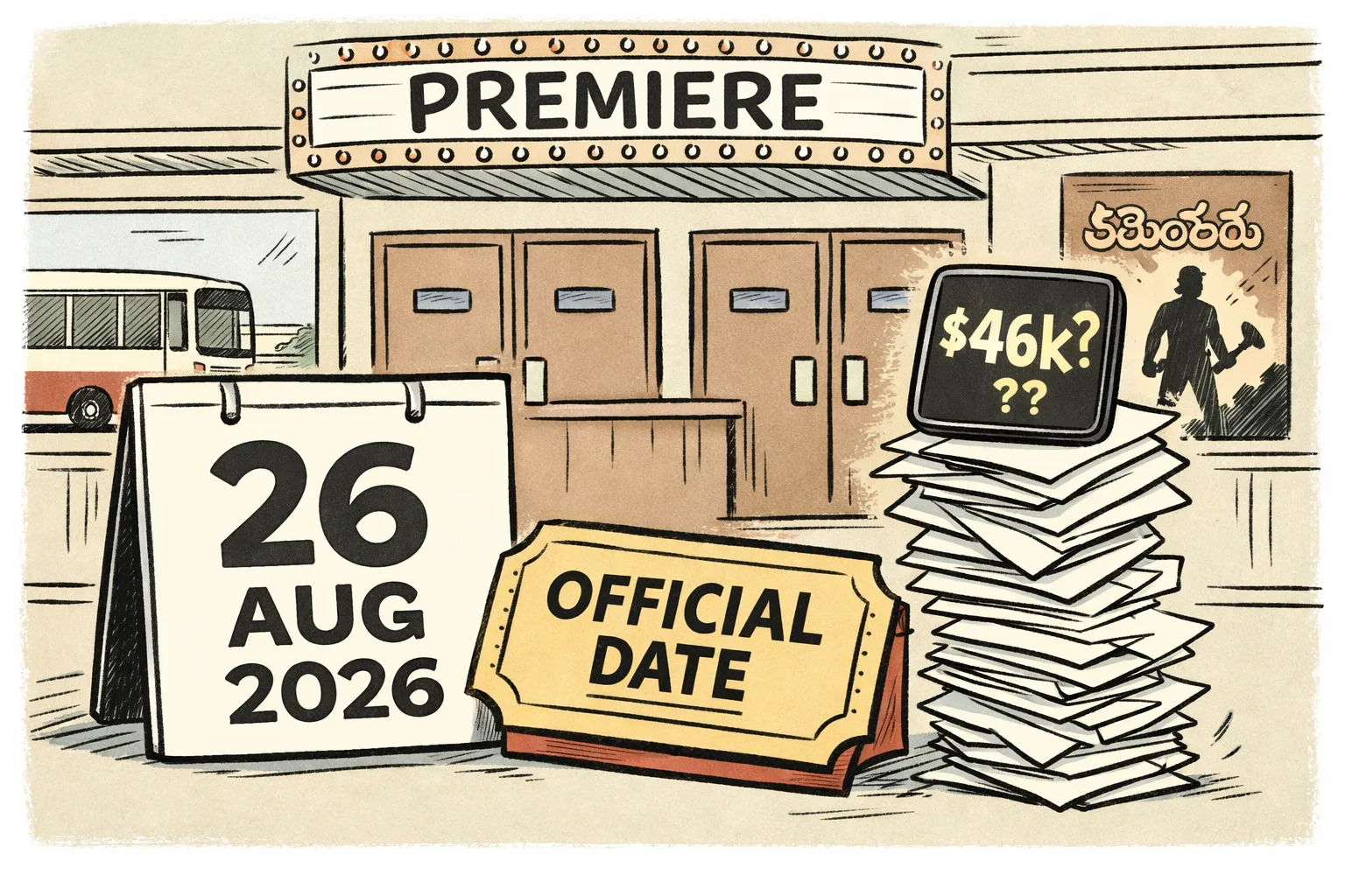 A cinema ticket counter displays a large calendar card marked 26 August 2026, while a small anonymous online scoreboard beside it shows an unverified dollar figure with question marks; a cinema marquee and empty US screening screens sit in the background.