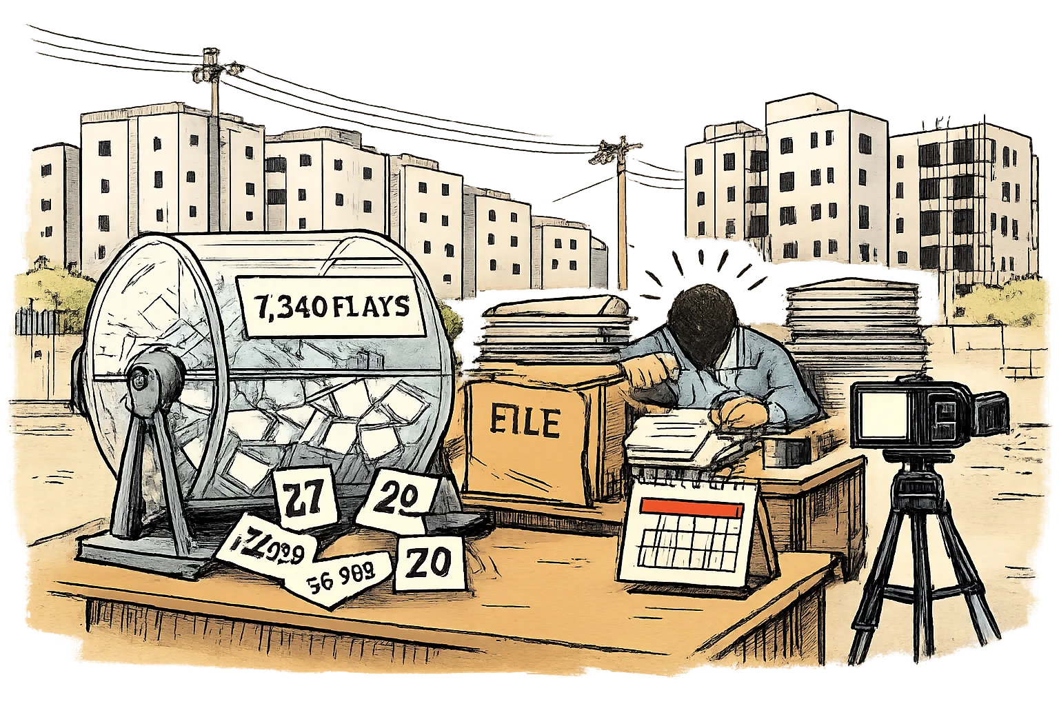 A cartoon lottery drum marked “7,340 FLATS” spills date slips and conflicting number sheets beside a cluttered government desk, while partly finished apartment blocks stand in the background.