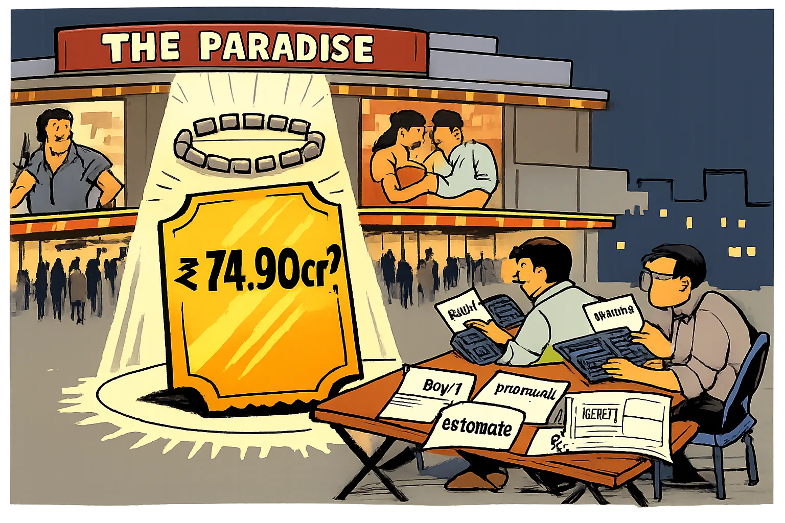 Outside a Hyderabad cinema, a giant ticket marked “₹74.90 cr?” is lit like a sacred object while accountants compare calculators and unfinished ledgers labelled with opening-day figures.