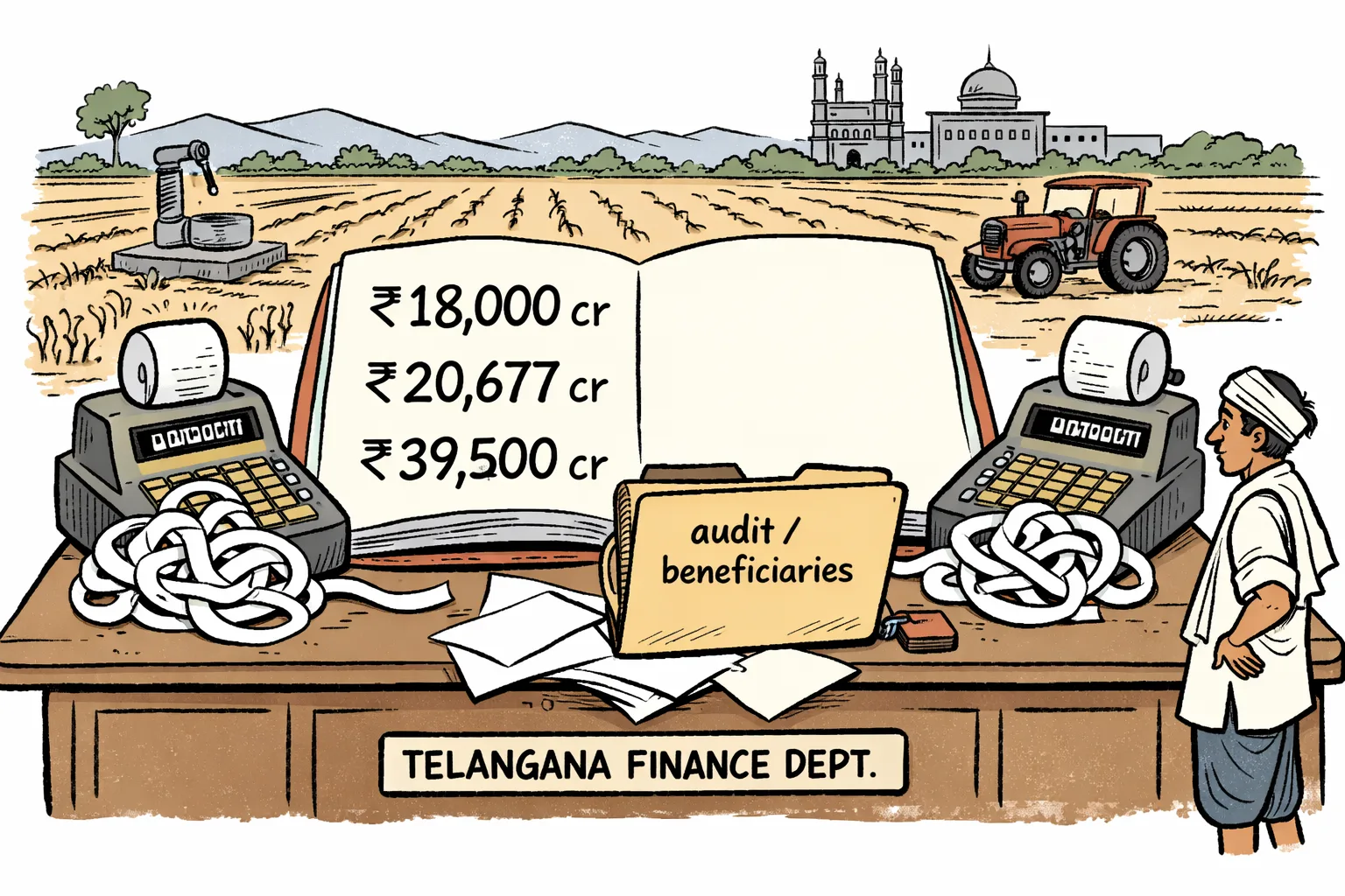 An oversized ledger showing three different farm-loan figures sits between two adding machines, while an empty audit folder spills papers beneath a Telangana village landscape.