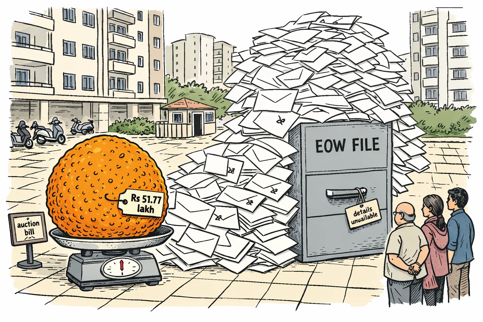 A giant auction laddu sits on a balance scale marked with a rupee sign, while a towering stack of investment forms disappears behind a closed Economic Offences Wing file cabinet in a Hyderabad apartment courtyard.