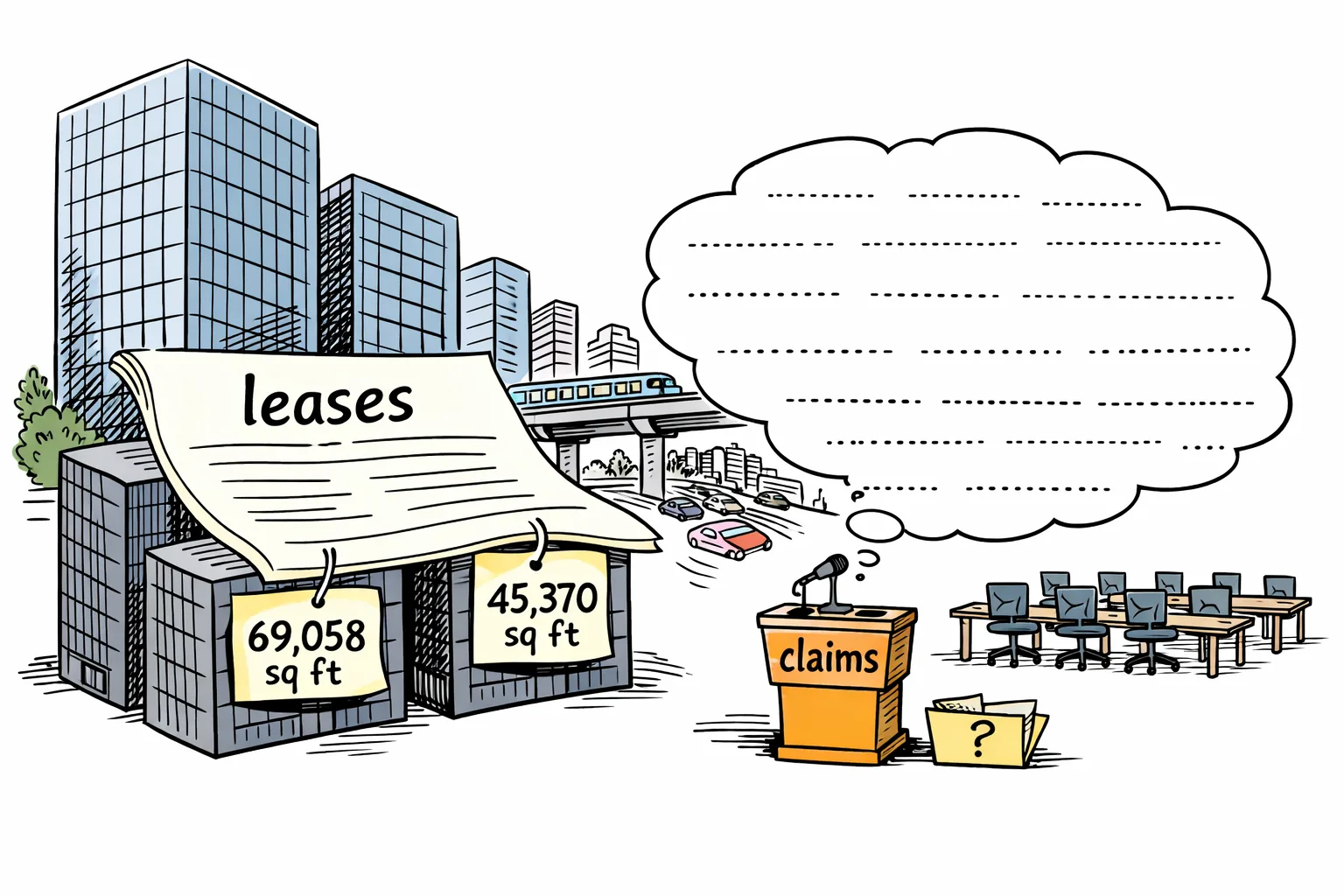 A giant office lease document stretches across two Hyderabad office towers, while a smaller speech bubble marked “claims” floats above an empty row of desks; HITEC City buildings and a metro viaduct appear in the background.