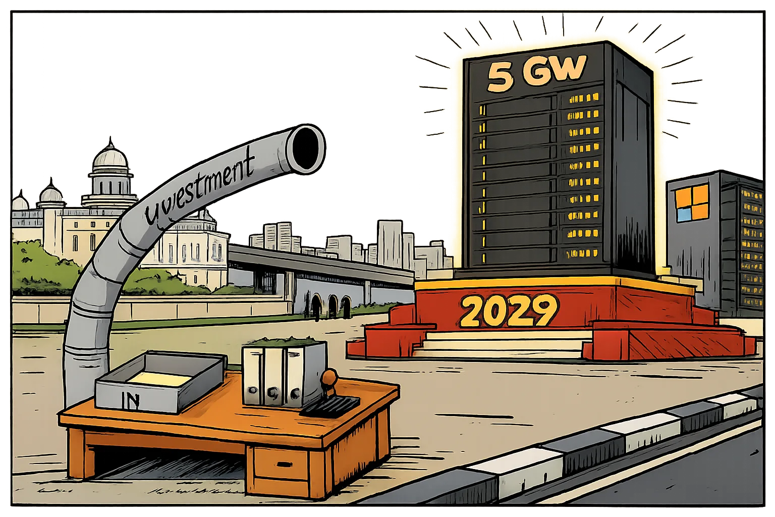 A giant server rack marked 5 GW towers over Hyderabad while a tiny government desk has an empty file tray and an unfinished paper pipeline.