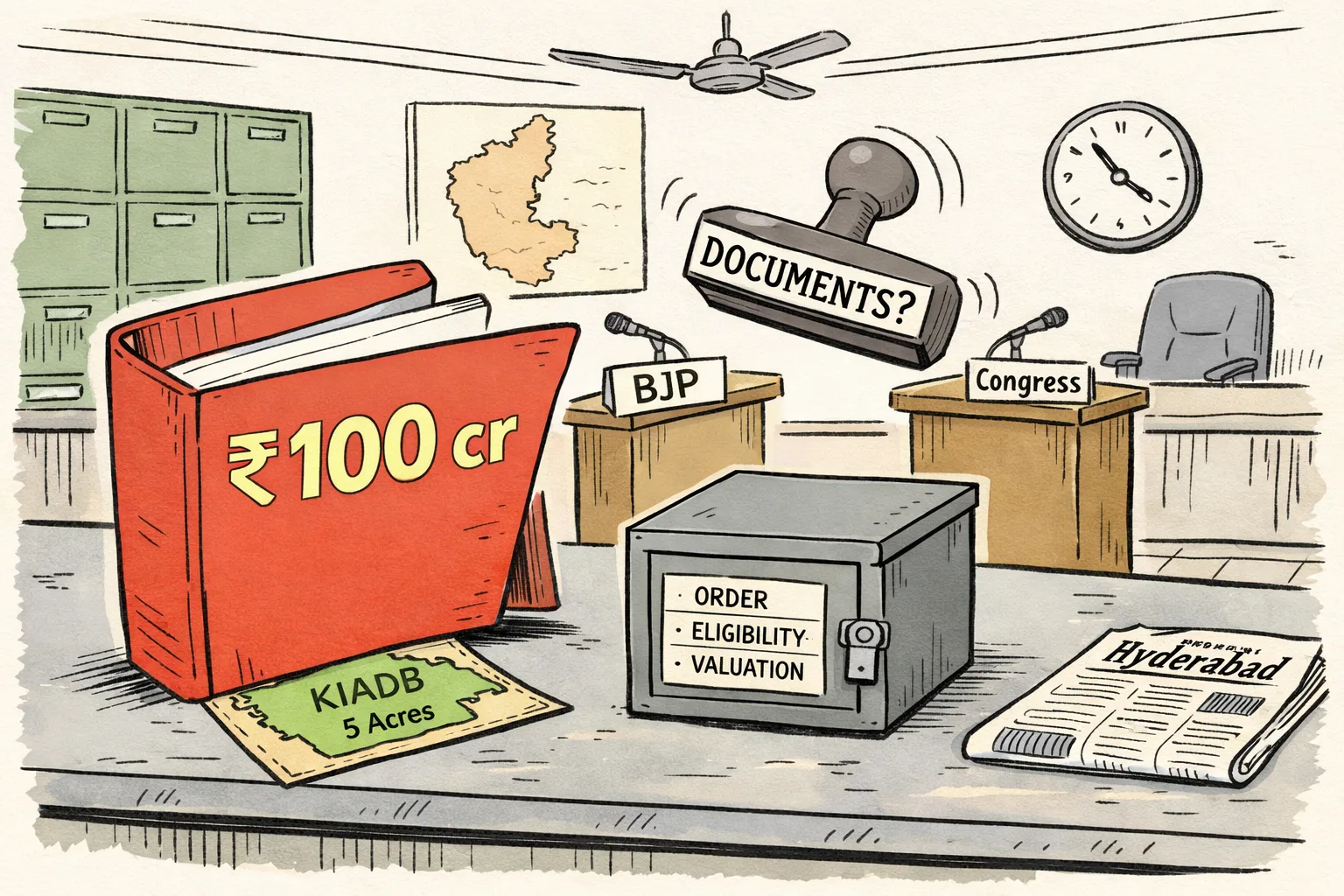 A huge red-flagged land file sits on a locked records counter in a Karnataka government office, while two empty lecterns labelled BJP and Congress face each other; a small five-acre plot map and a closed folder marked KIADB lie in front.