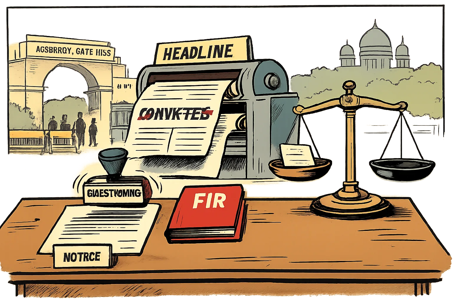 A police notice and questioning stamp sit beside an empty verdict scale, while a headline machine prints a crossed-out word for conviction in front of Hyderabad’s Assembly Gate.