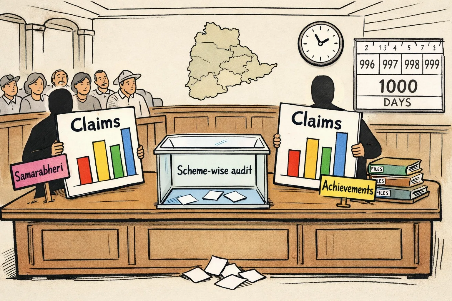 A cartoon courtroom in a Telangana civic hall contains two oversized political scoreboards, while an open evidence box marked scheme-wise audit sits empty on the judge’s table.