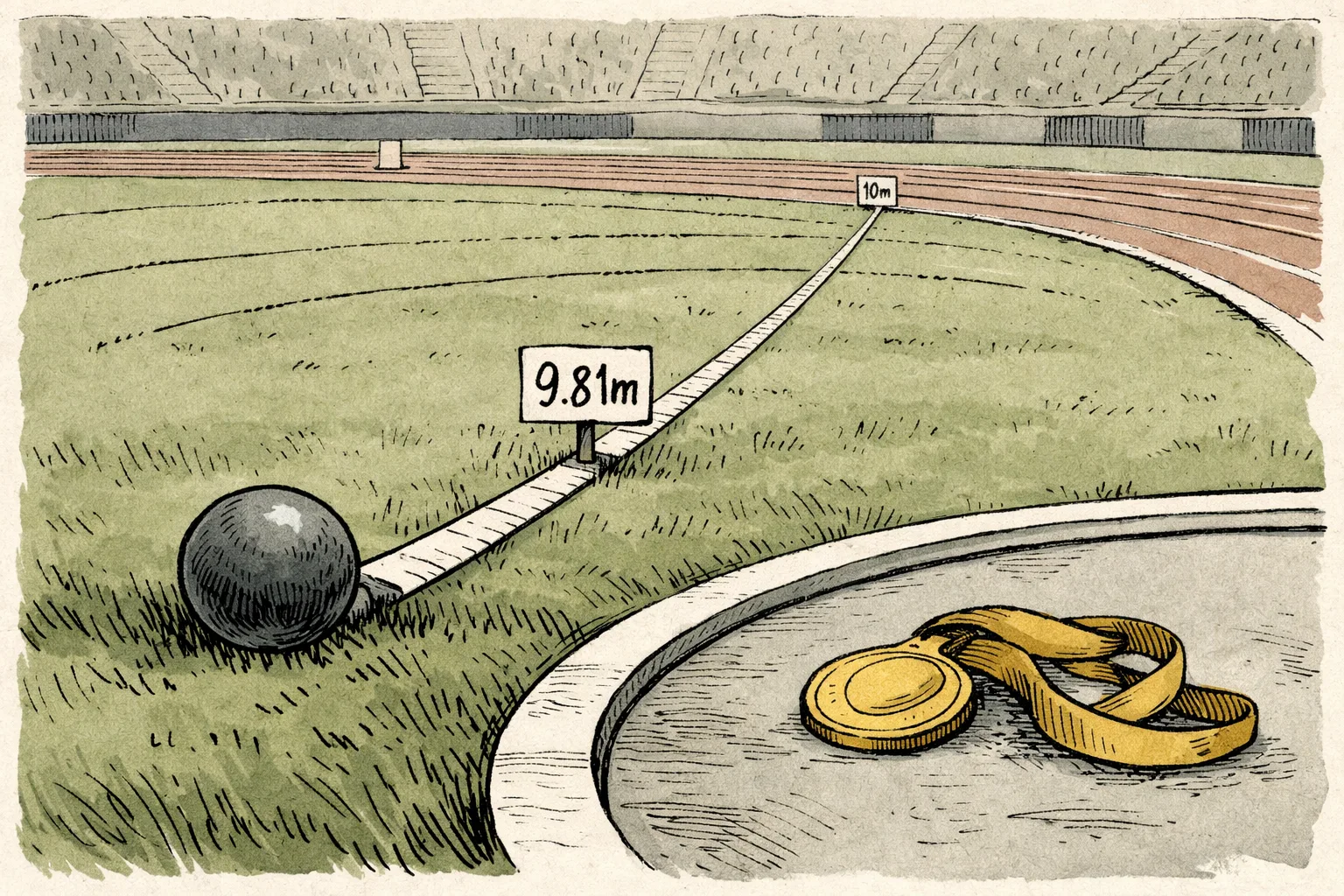 A para-athlete’s shot-put circle beside a measuring tape marked at 9.81 metres, with a gold medal resting on the edge and a Commonwealth Games stadium blurred in the background.