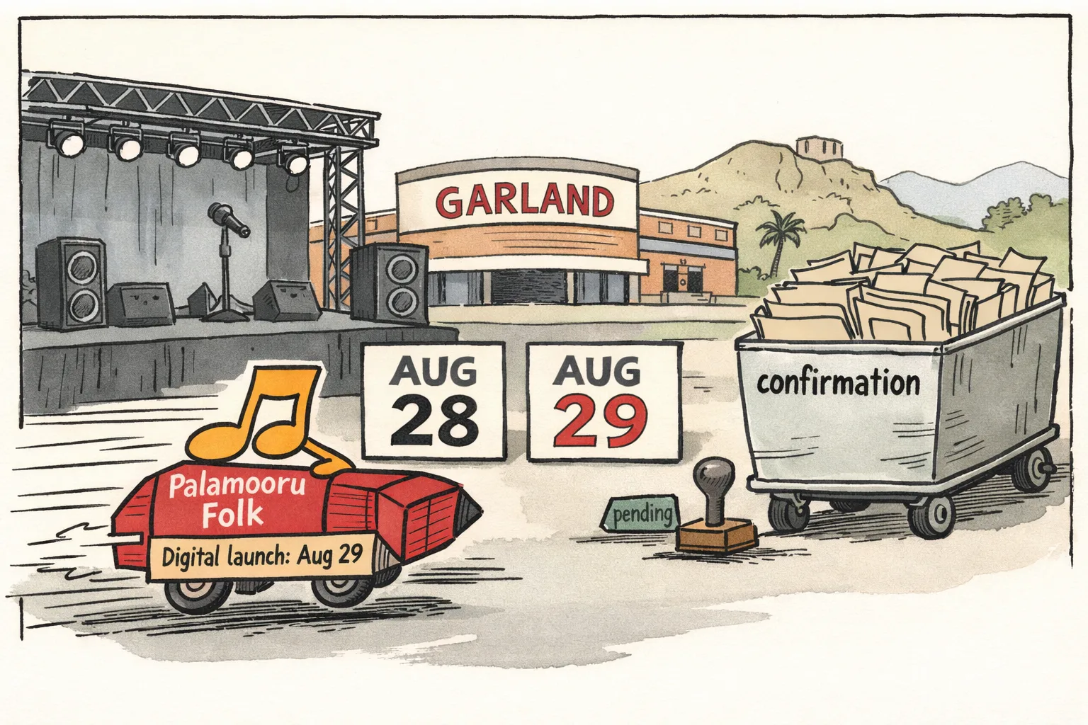 A music note marked Palamooru Folk races toward a Garland concert stage while a file trolley labelled confirmation waits behind a pending stamp; calendar pages show August 28 and August 29.