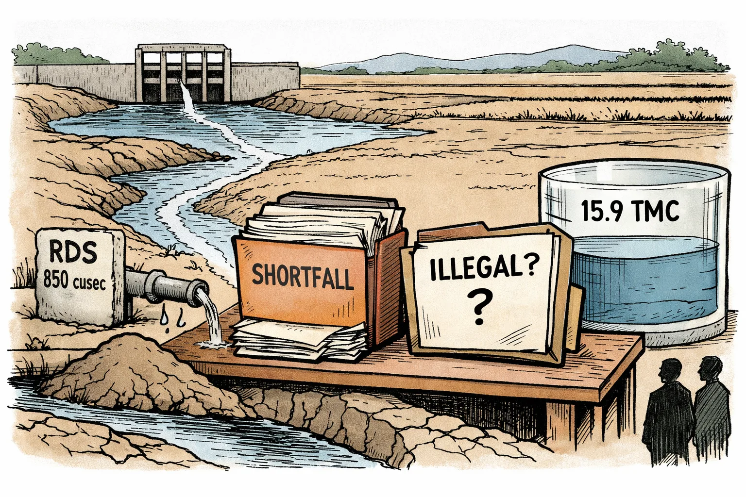 A dry RDS canal in Telangana runs between a faded 850-cusec marker and a large measuring tank marked 15.9 TMC, while an upstream gate and paperwork labelled with generic water-authority seals divert a thin stream before it reaches the canal.