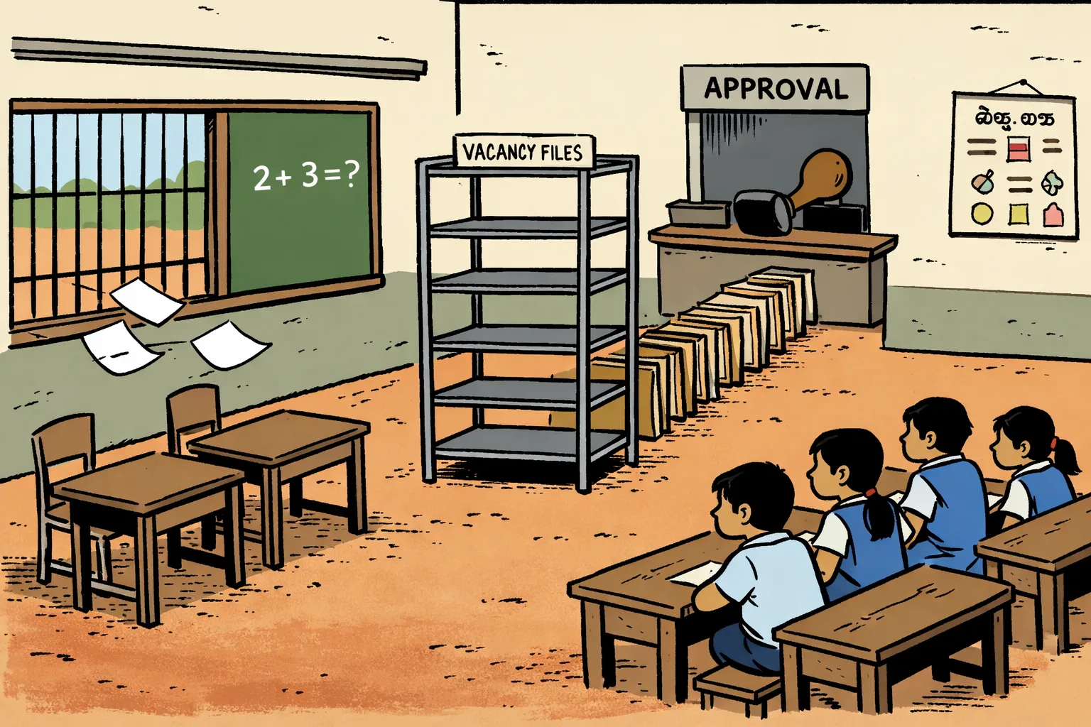 A Telangana government school classroom has empty teacher desks, while an empty file rack and a closed approval counter sit nearby.