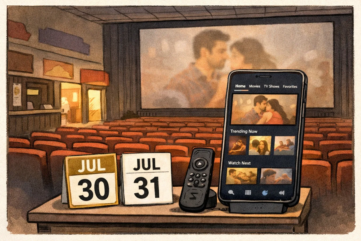 A cinema screen showing an indistinct film poster beside a smartphone displaying a streaming platform interface, with a small calendar marked July 30 and July 31 and an empty theatre fading into the background.