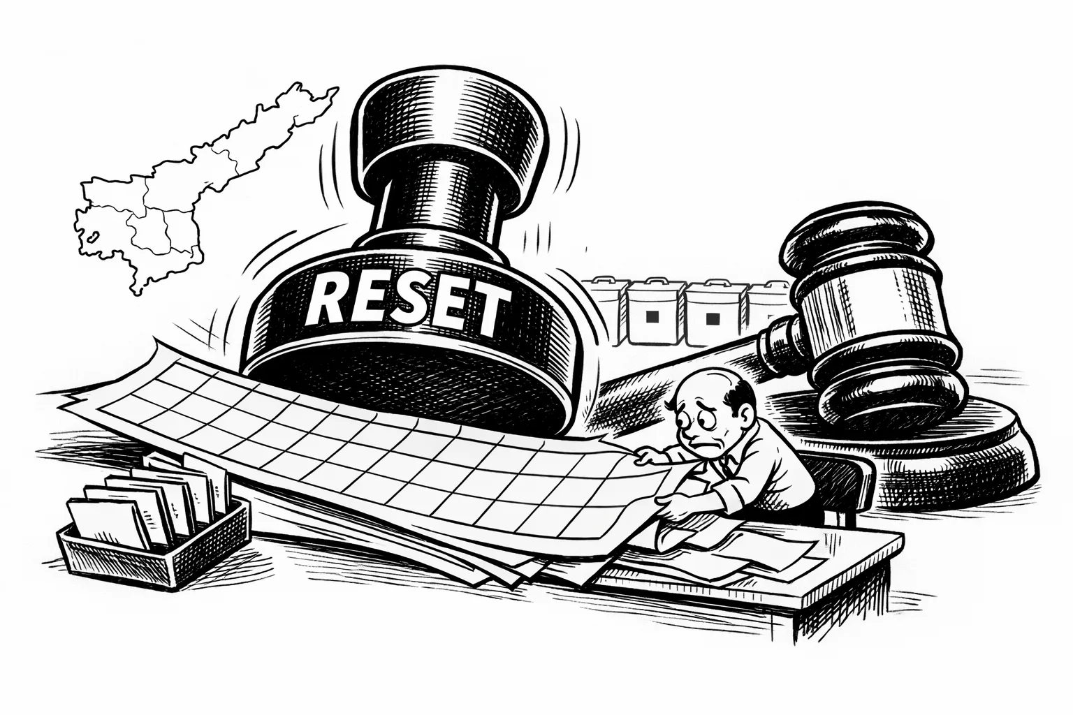 A huge rubber stamp shaped like a reset button presses down on an election calendar, scattering four nomination folders beside a gavel while a small election official tries to straighten the papers.