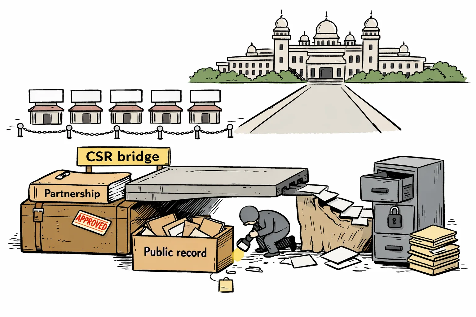 A cartoon bridge labelled CSR bridge is built from partnership files on one side but ends over a gap above an empty public-record archive box; five small unlabelled foundation buildings stand beyond it.
