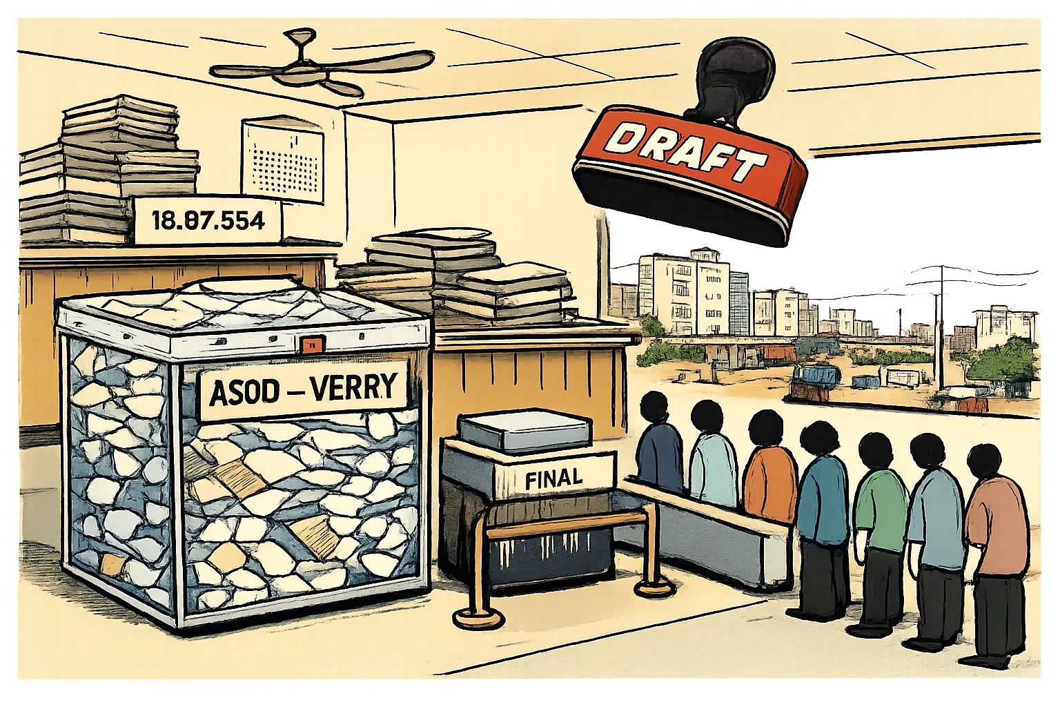 A Telangana election office cartoon shows a large locked ASDD verification file cabinet overflowing with voter slips beside a smaller final shredder, while residents wait at a notice, inquiry and appeal counter.