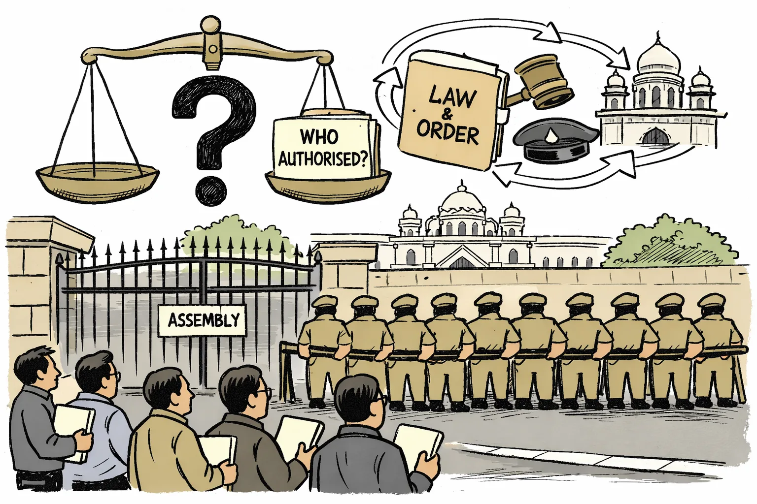 Outside the Telangana Legislative Assembly, a police barrier blocks generic legislators holding folders while a giant question mark hangs over files linking the Assembly, police and High Court.