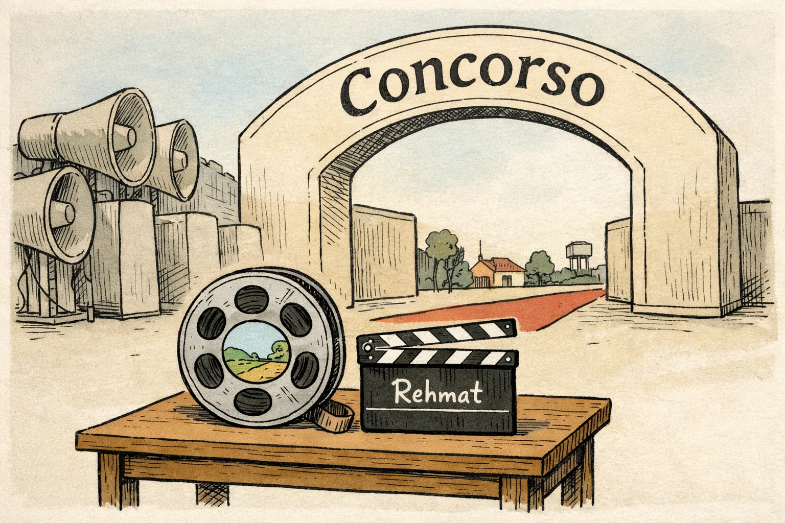 A quiet Punjabi film reel sits on a small table beneath a large Locarno Golden Leopard competition arch, while several oversized publicity megaphones marked only by generic government podium shapes lie switched off in the background.