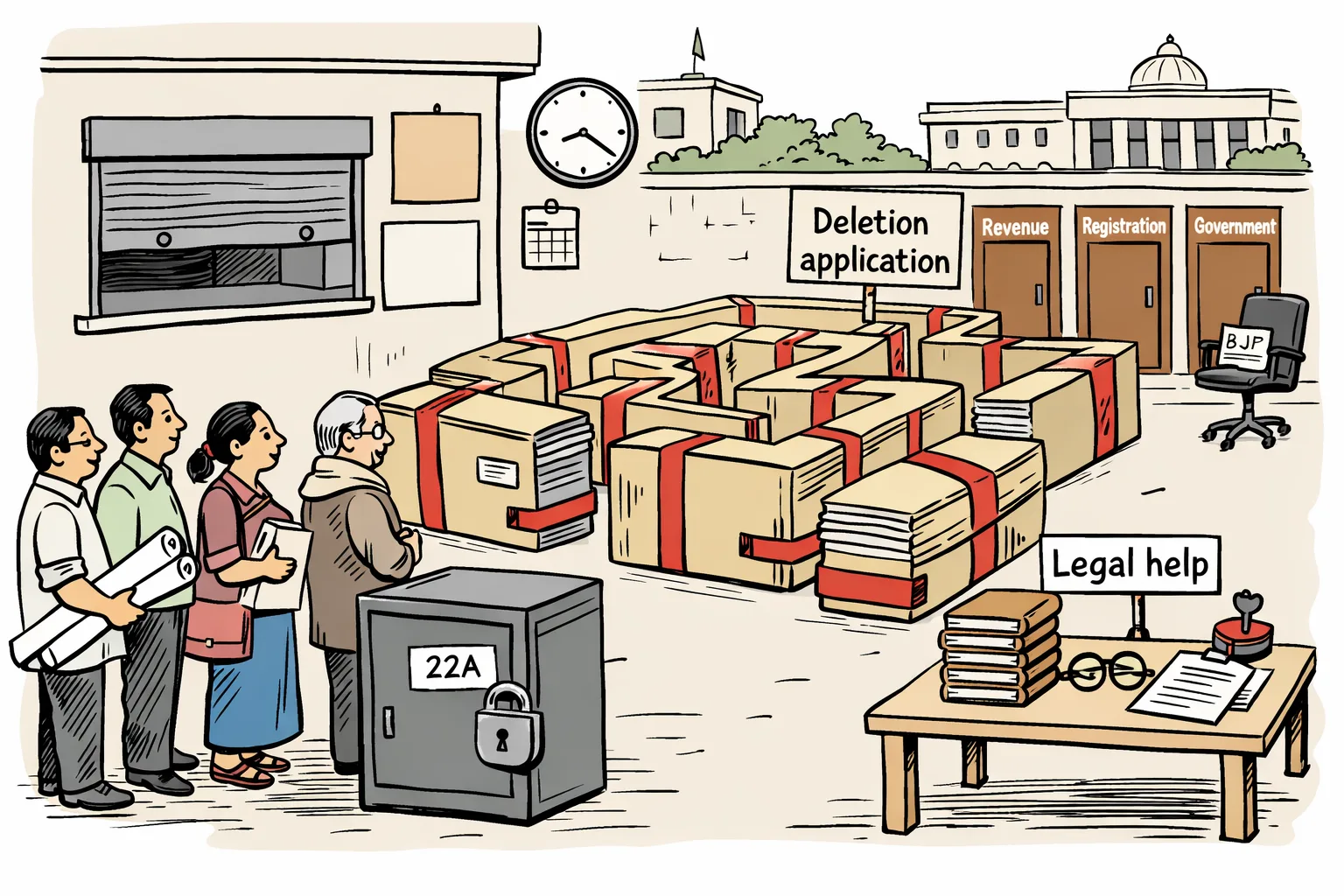 A maze of government files and red tape blocks property owners from a deletion-application sign, while a legal-help table is open and government office doors and an information window are closed; an unused chair marked BJP sits nearby.