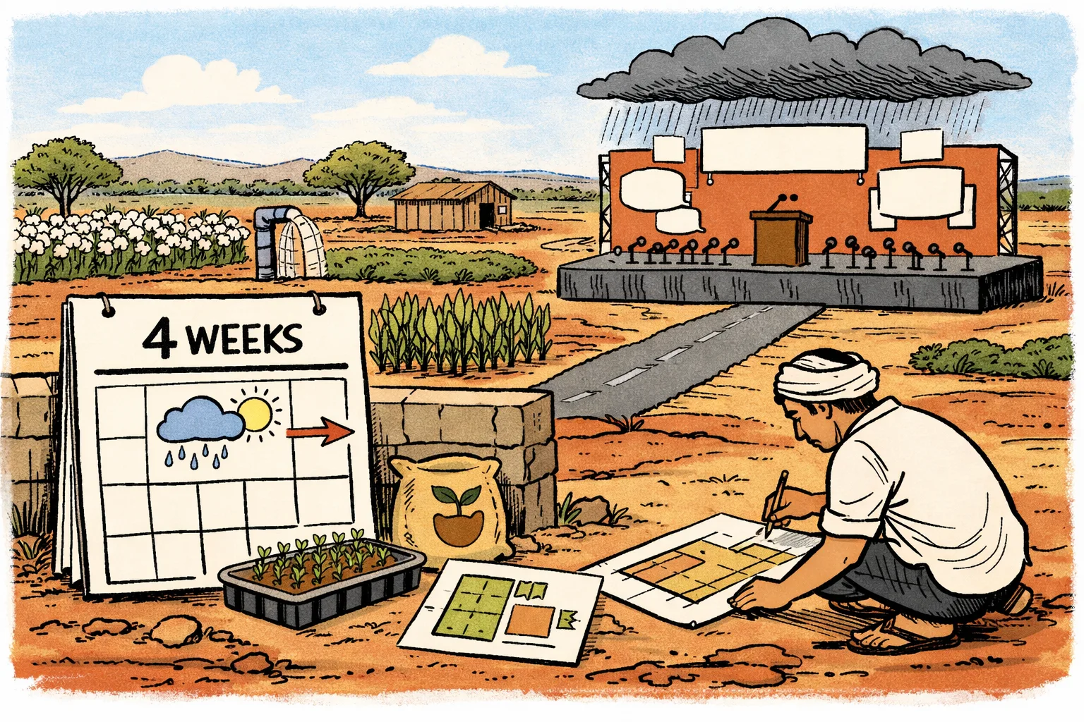 A Telangana farmer studies a rainfall forecast beside two labelled farm plots, while a distant loudspeaker and oversized political promise banners point toward a stalled press platform.