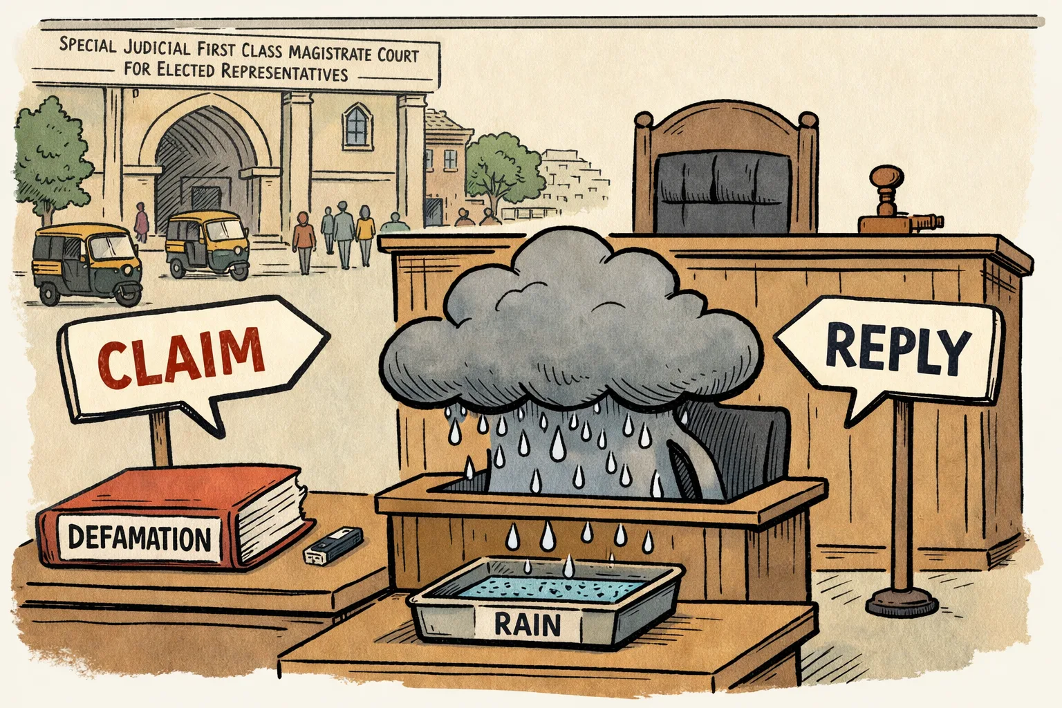 A cartoon court at Nampally places a rain cloud on a witness stand beside a defamation file, while two generic claim placards point toward it and raindrops collect in an evidence tray.