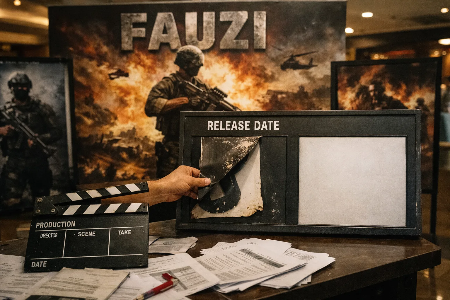 A cinema foyer display for Fauzi has its announced release-date card being removed while the replacement date panel remains blank.