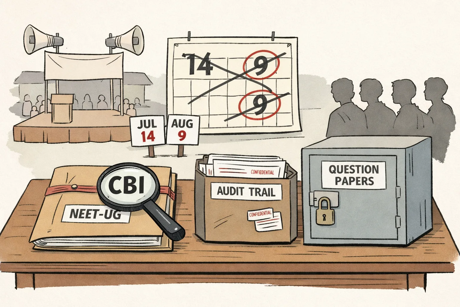 A Telangana exam desk holds a sealed question-paper file beneath a magnifying glass marked CBI, while two loudspeakers on opposite sides announce different protest dates and a wall calendar shows conflicting circled dates.