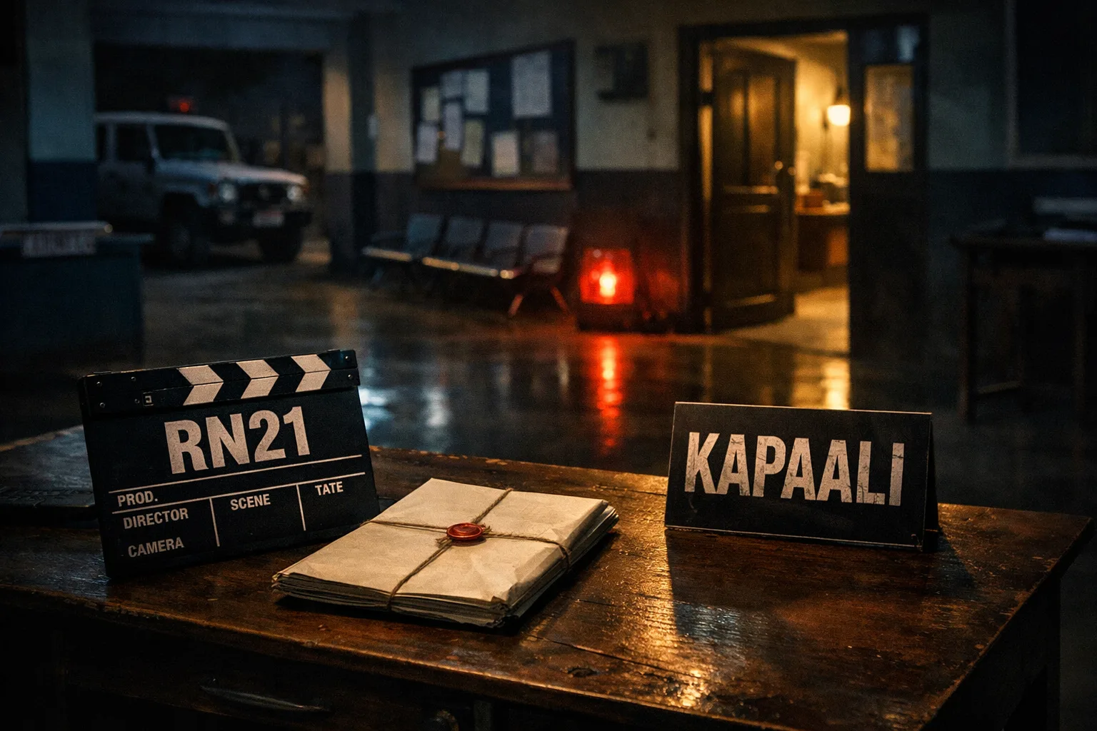 A photorealistic cinema publicity-style scene with an empty police station corridor, a clapperboard marked with the fictional production code RN21, a horror-film poster board reading “KAPAALI”, and dramatic blue-and-red practical lights.