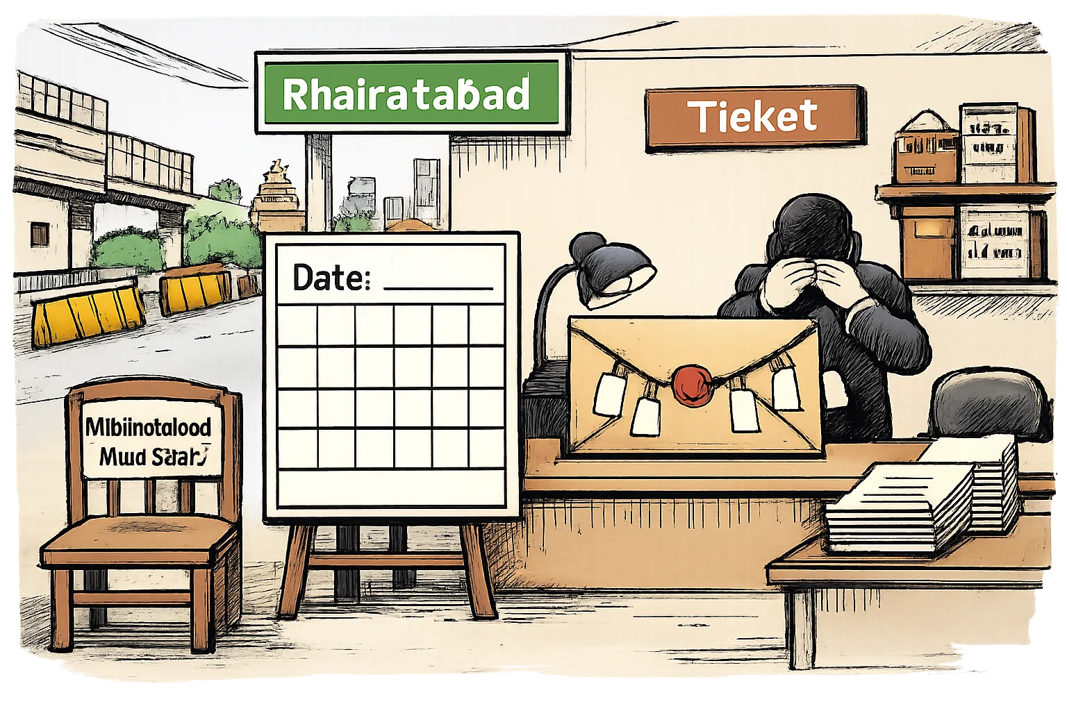 A cartoon outside a Khairatabad election office shows an empty MLA seat, a blank election calendar and a sealed ticket envelope with its label covered.