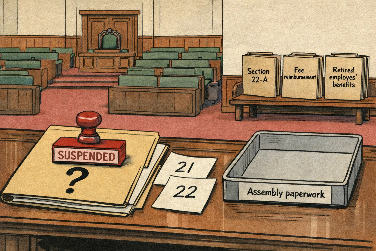A Telangana Assembly-style chamber has closed doors, while a suspension file marked with a question mark and papers showing 21 and 22 sits beside folders waiting outside.