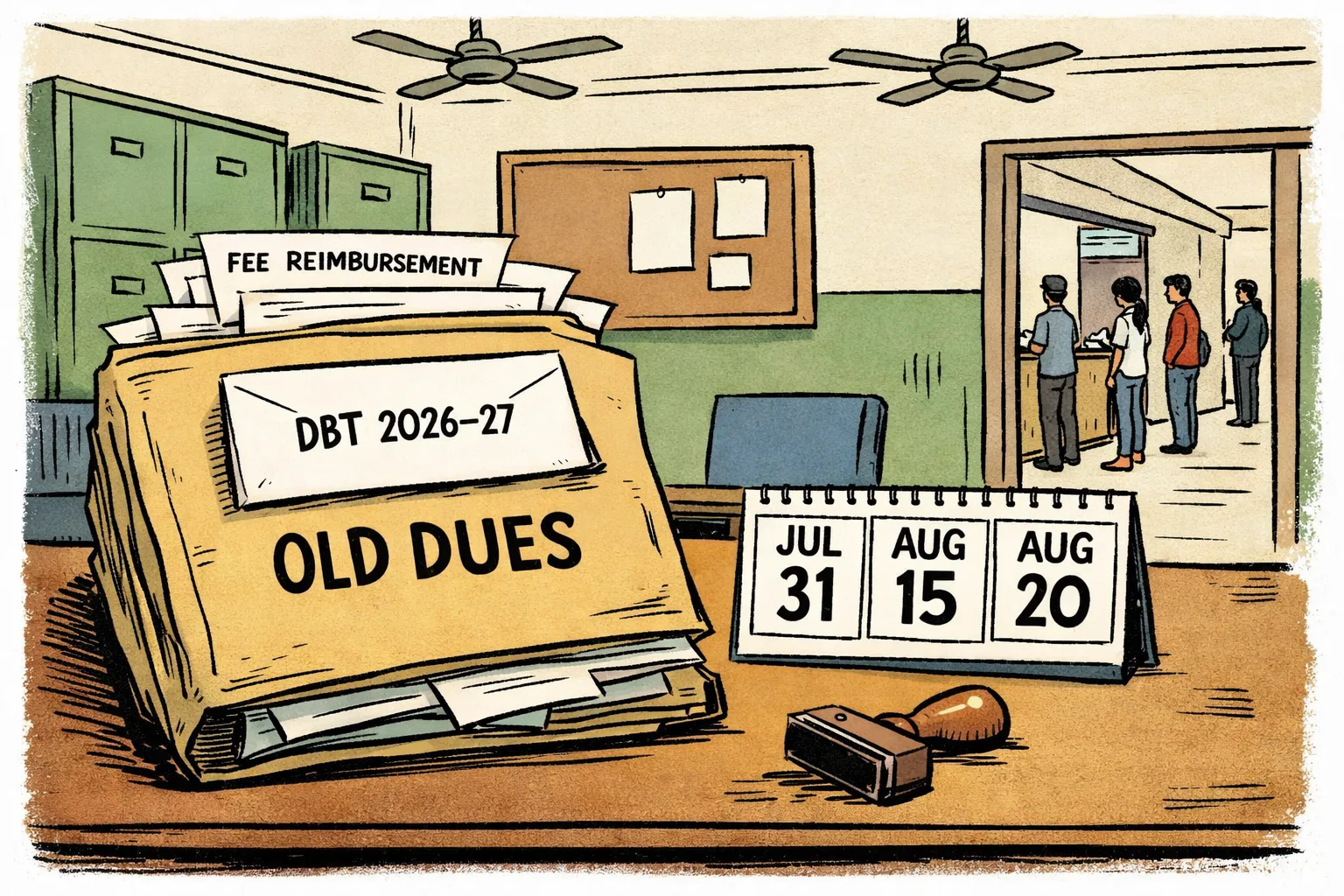 A Telangana government office desk holds a large fee-reimbursement file marked “2025–26 dues”, while a new envelope labelled “DBT 2026–27” sits beside it; a calendar shows July 31, August 15 and August 20, with students waiting calmly outside a college office in the background.