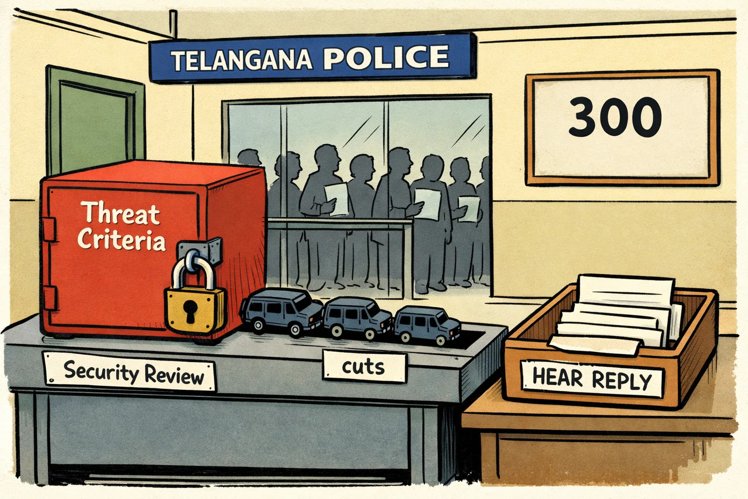 A Telangana State Police security review desk shows a large locked file marked “Threat Criteria” beside a shrinking row of bulletproof vehicles, while a queue of indistinct public figures waits behind a glass screen.