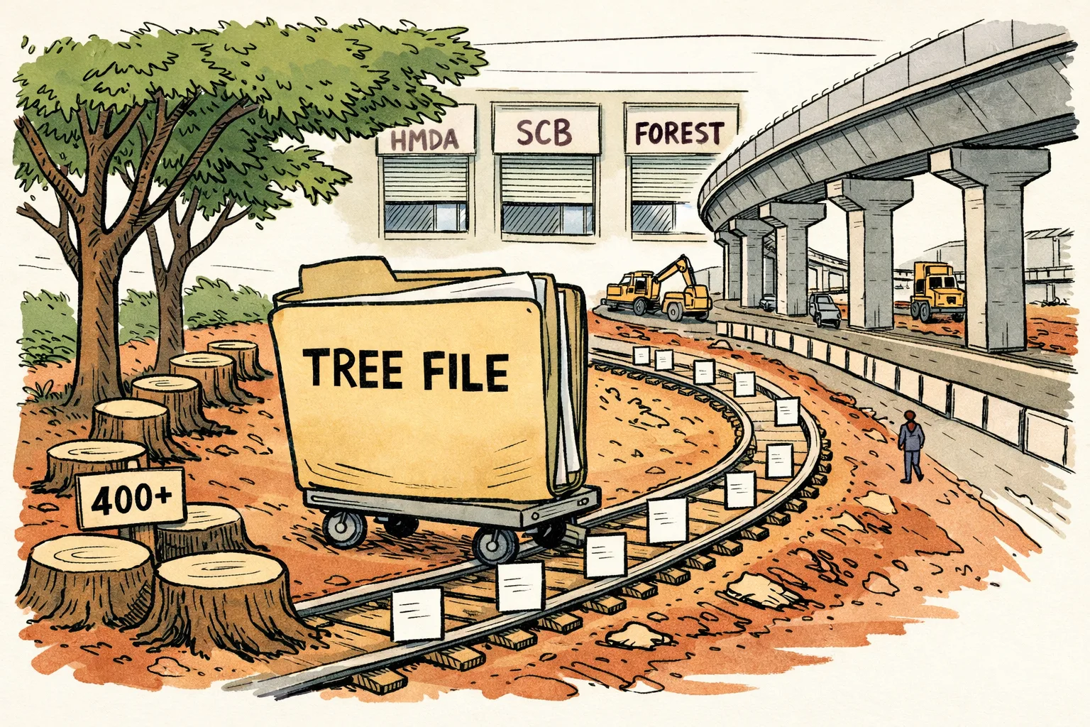 Concrete elevated-corridor piers and construction machinery stand behind a row of tree stumps, while a large tree-file folder on a trolley follows a winding track through the shade of surviving roadside trees.