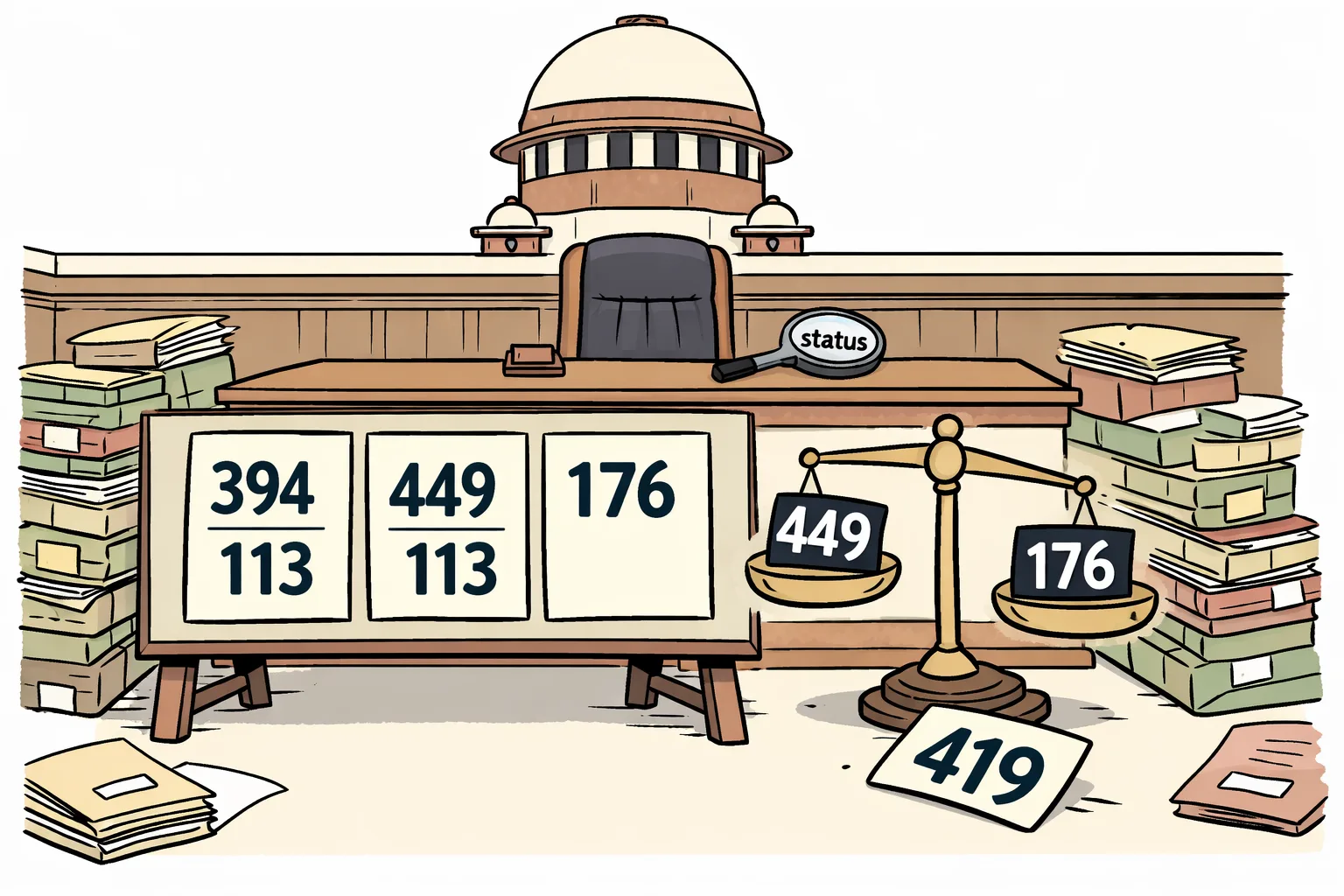 An editorial cartoon courtroom contains three conflicting number cards about exclusive narcotics courts, with a balance scale contrasting 449 and 176 and a separate 419 card on the floor.