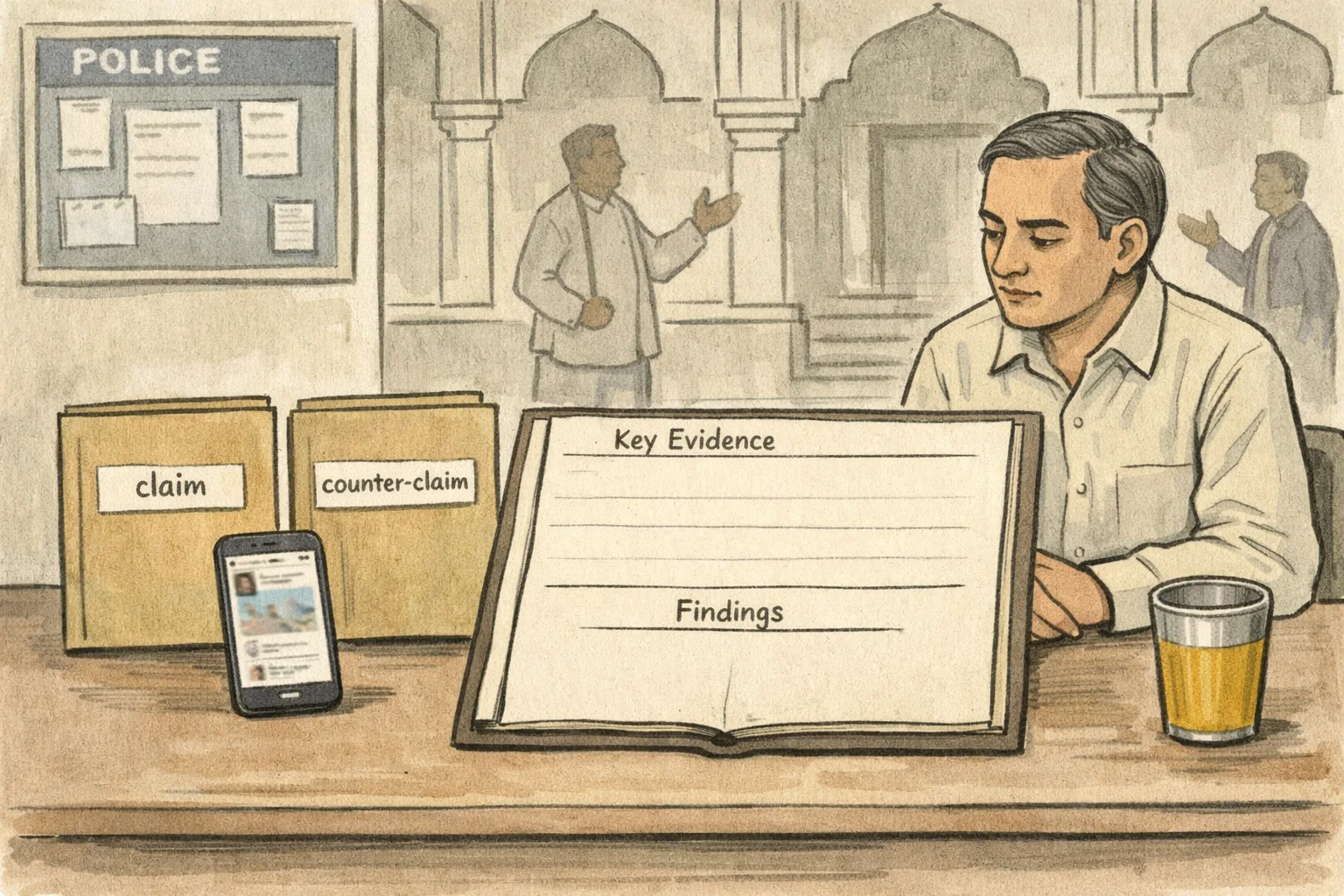 A muted illustration of an inquiry desk outside a Telangana government corridor, with two claim folders, a smartphone, a tumbler of turmeric-coloured water and a large open file with its evidence section blank.