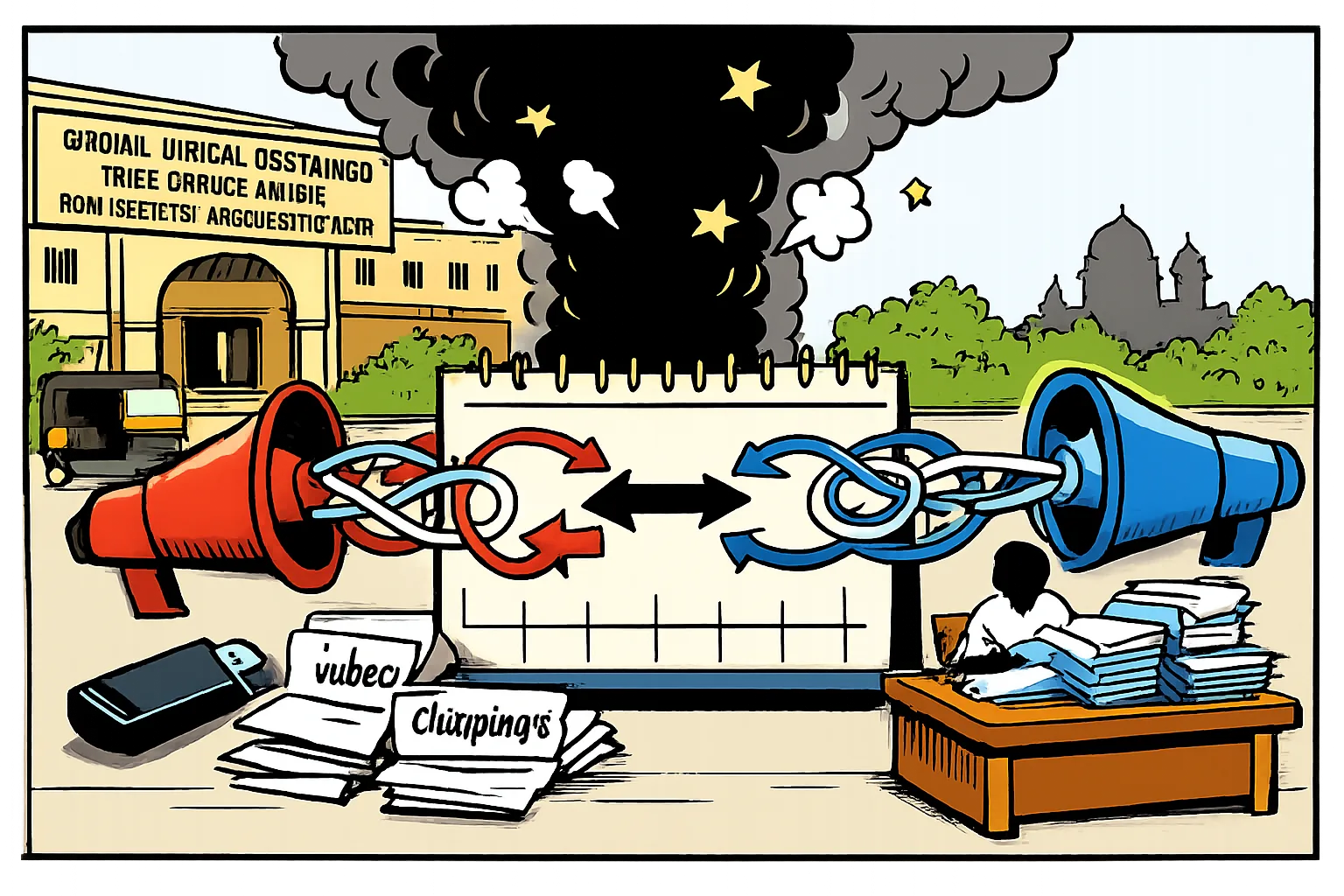A cartoon court desk in Nampally is crowded with case papers, a pen drive and a confused calendar while tangled speech ribbons from political megaphones swirl around a temple silhouette.