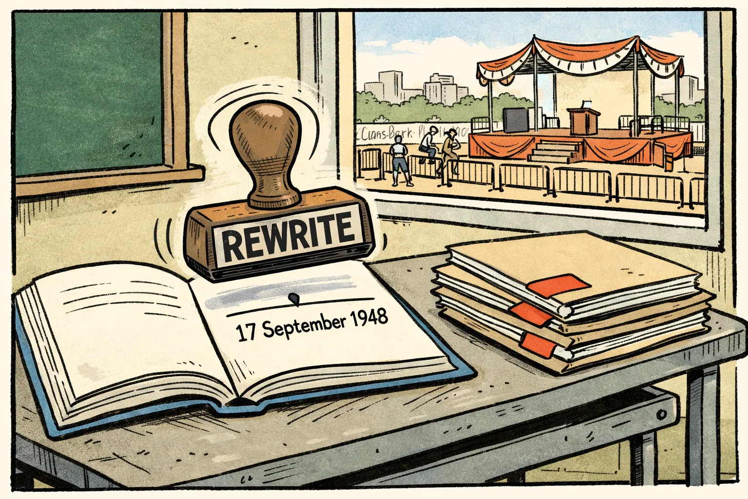 An open school textbook showing the date 17 September 1948 sits beneath a large REWRITE stamp, beside unopened files, while a parade stage is prepared outside a Telangana classroom.