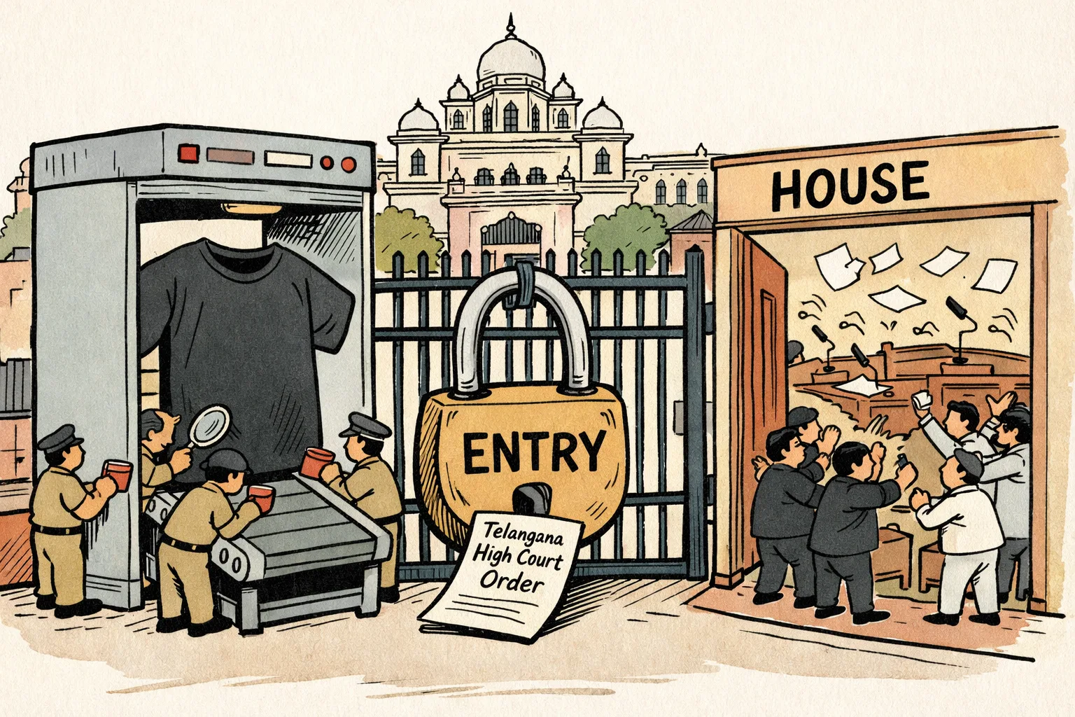 A cartoon of the Telangana Assembly gate where officials inspect a black T-shirt while a chaotic House is visible through a separate doorway and a court order is tucked under the lock.