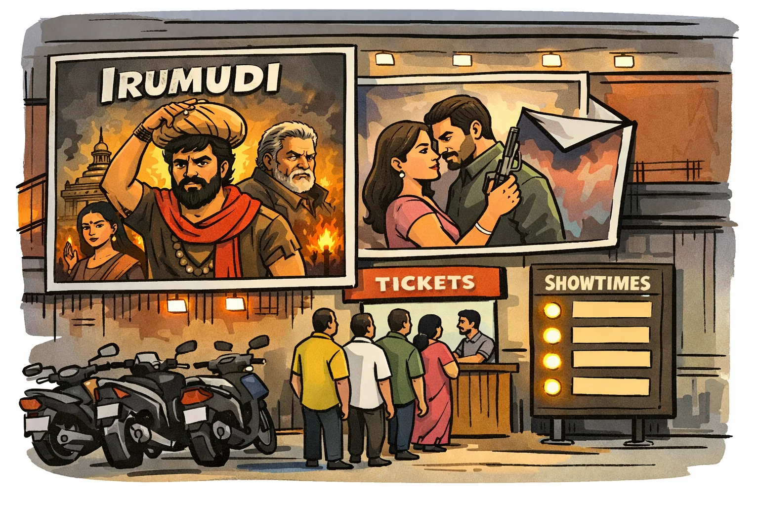 A brightly lit single-screen theatre in Telangana or Andhra Pradesh displays an Irumudi poster beside a second film poster, with a ticket counter and patrons outside.