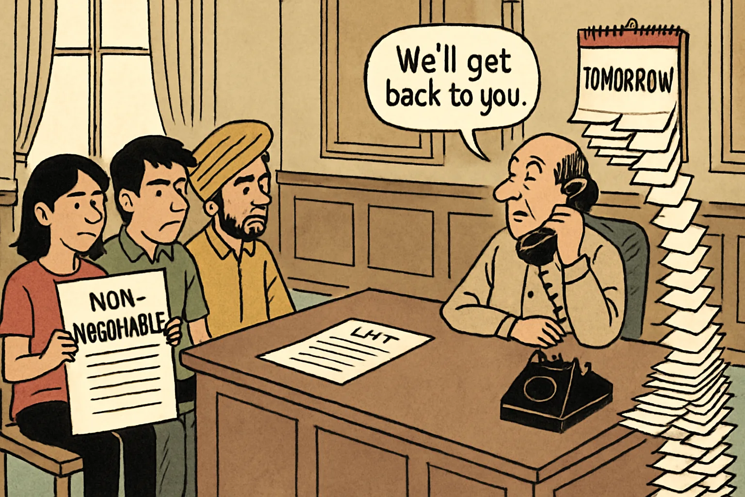 A cartoon showing student protesters sitting at a large desk holding a list marked "NON-NEGOTIABLE" while a minister sits across, phone to his ear, looking away. A calendar behind him shows pages flipping forward. The list remains untouched on the desk.