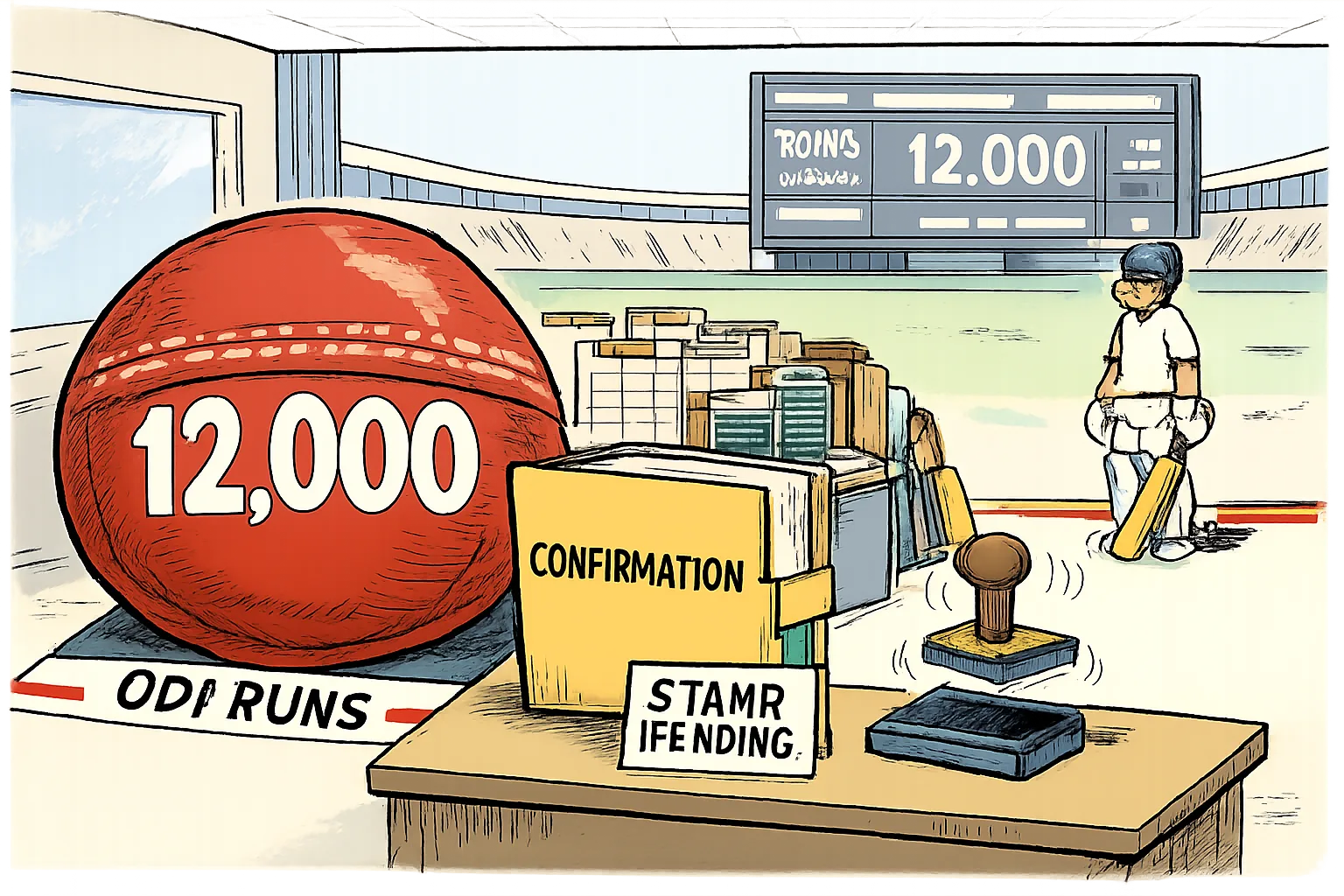 A cricket ball marked 12,000 has crossed a finish line while an oversized confirmation file waits beneath a hovering official stamp labelled “STAMP PENDING”.