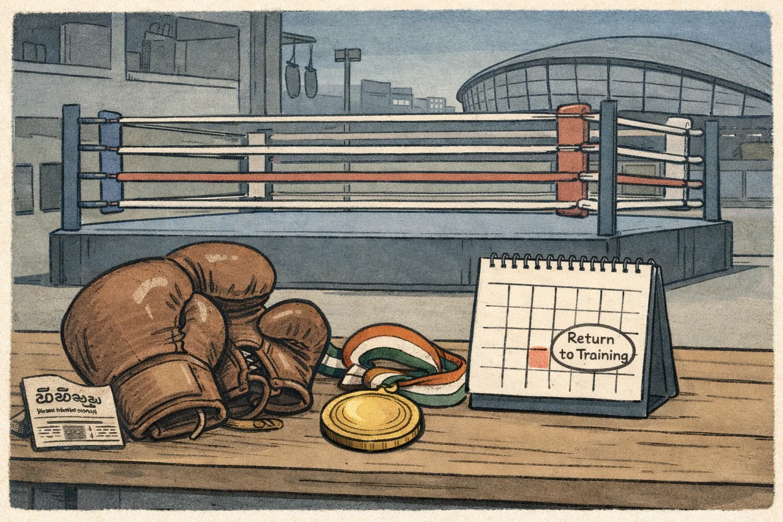 A pair of boxing gloves rests beside a gold medal and a training calendar marked with a return to practice, while a quiet Glasgow boxing ring sits in the background.