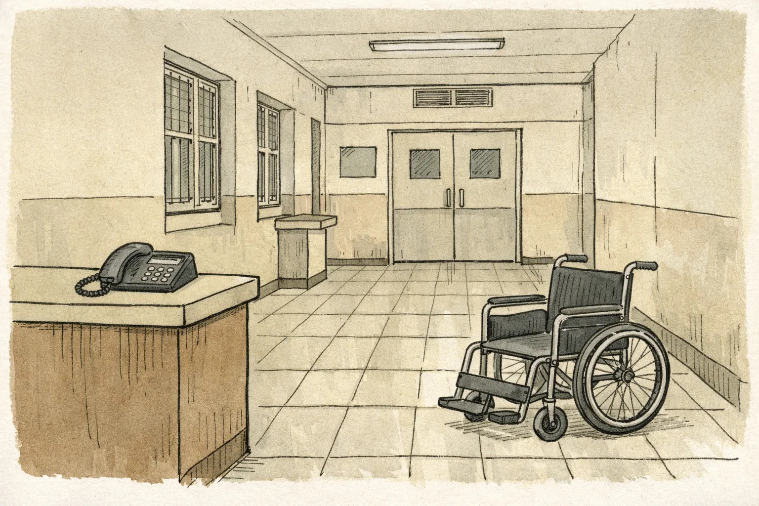 A quiet Warangal hospital corridor with an empty wheelchair near a closed ward door, soft daylight entering through a window, and a small unattended telephone on a desk.